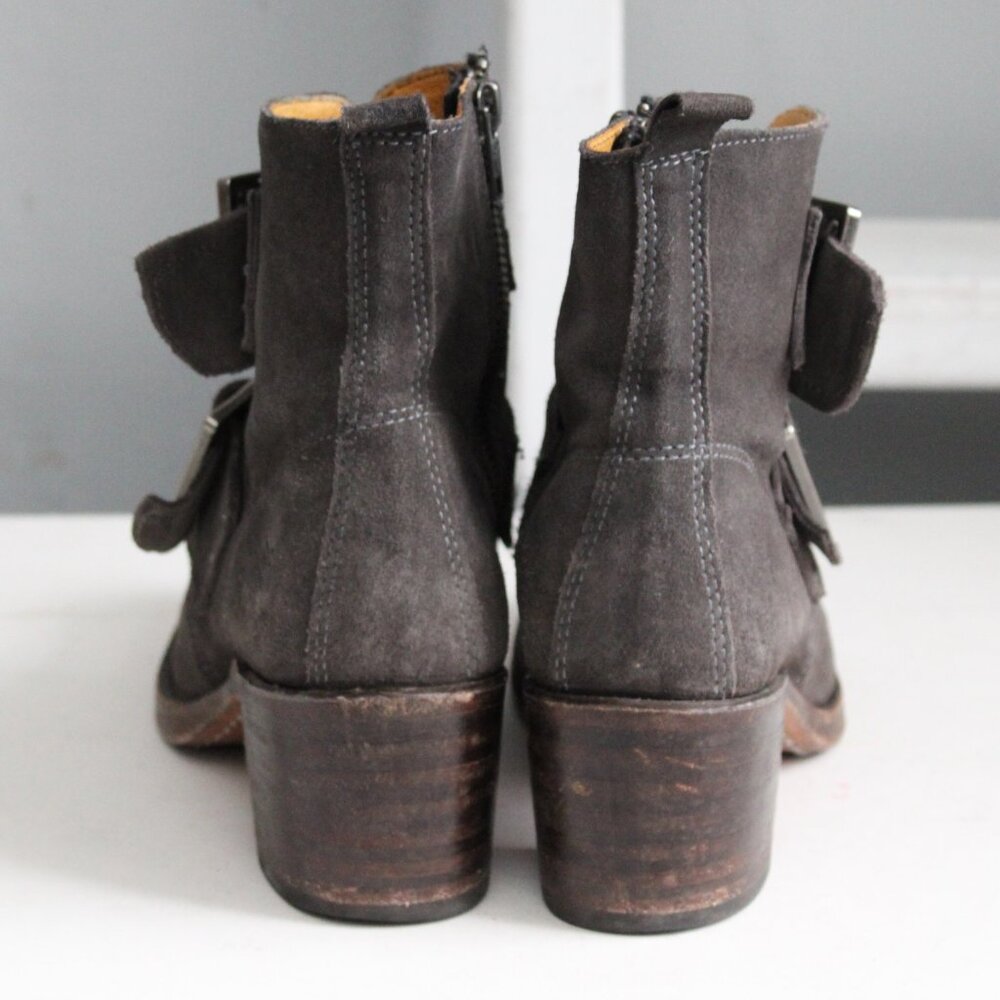 FRYE Women's Sabrina Double Buckle Suede Heel Boot Charcoal Brown USA Size 7 - Picture 4 of 8